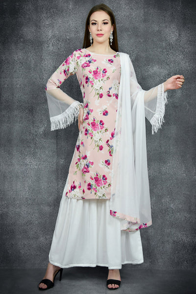 Pink & White Floral Printed Readymade Sharara Suit - Asian Party Wear