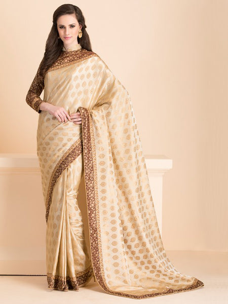 ZACS-17 SUBTLE BEIGE SAREE WITH A JACKET STYLE FULL SLEEVES BLOUSE (READY MADE) - Asian Party Wear