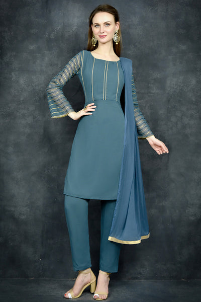 Mosaic Blue Straight Cut Kurti & Capri Suit Set - Asian Party Wear