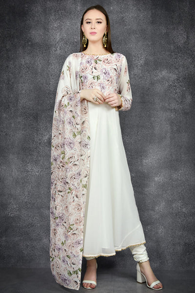 Brilliant White Floral Printed Flow Dress - Asian Party Wear