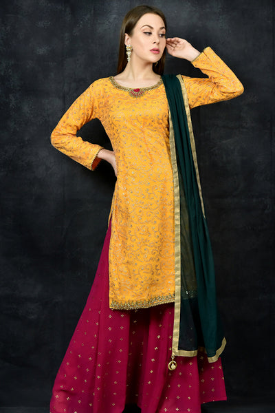 Saffron & Magenta Desi Sharara & Short Kurti Suit - Asian Party Wear