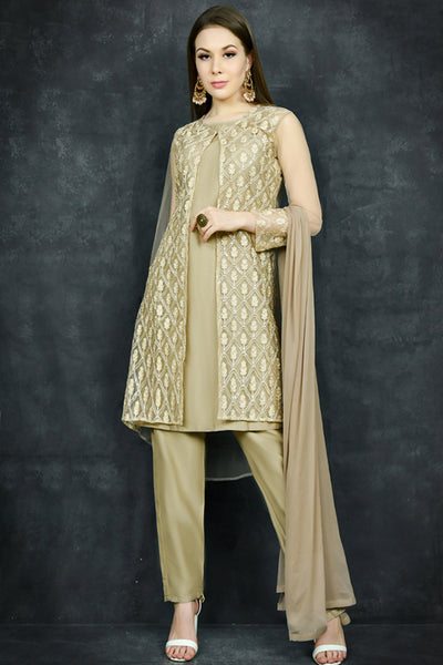Gold Jacket Style Desi Readymade Suit - Asian Party Wear