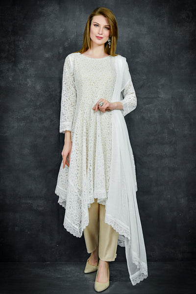 OFF WHITE & SKIN PAKISTANI DESIGNER LACE STYLE READYMADE SUIT - Asian Party Wear