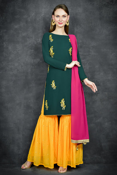 Dark Green & Saffron Yellow Punjabi Gharara Suit - Asian Party Wear