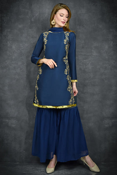 Navy Blazer Indian Party Wear Stitched Gharara Outfit - Asian Party Wear