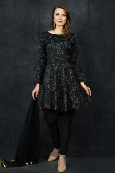Black Peplum Style Printed Kurti Suit Set - Asian Party Wear