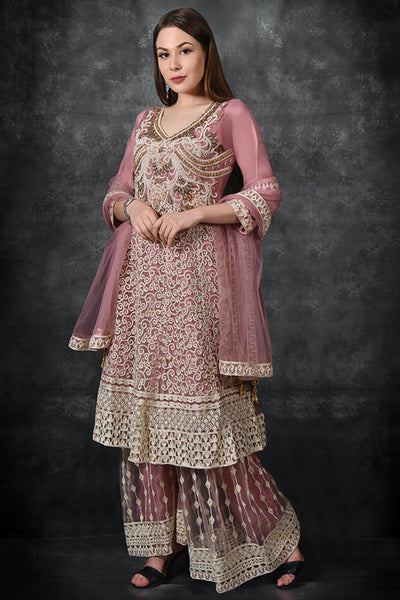 Rose Tan Embroidered Frock & Gharara Suit - Asian Party Wear