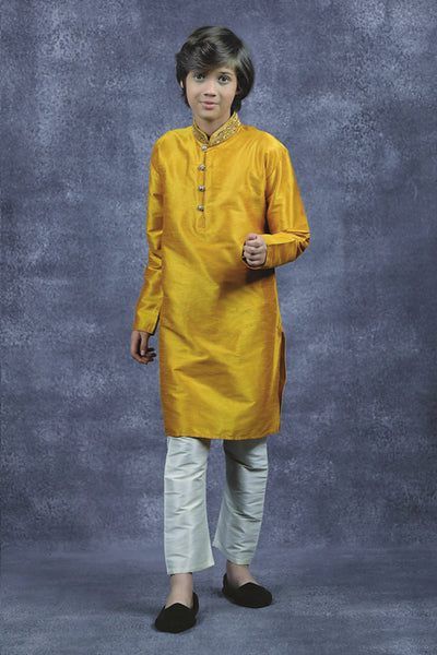 Mustard Embroidered Wedding Boys Kurta Pajama Indian Kids Outfit - Asian Party Wear