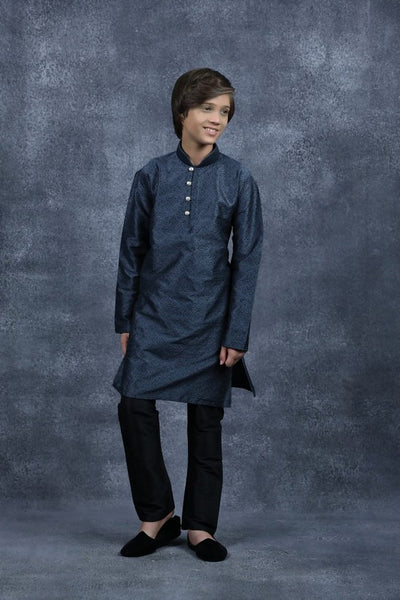 Grey Embroidered Kurta Black Pajama Kids Eid Suit - Asian Party Wear