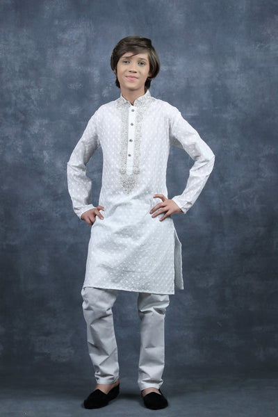 White Desi Boys Kurta Pajama Indian Designer Kids Suit - Asian Party Wear