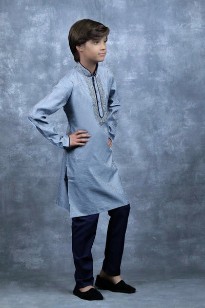 Grey & Navy Blue Kurta Pajama Indian Boys Suit - Asian Party Wear