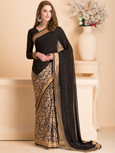 BLACK WEDDING WEAR SAREE WITH READY STITCHED BLOUSE - Asian Party Wear