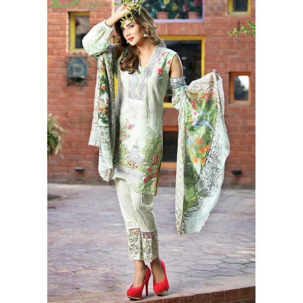 ESHAISHA D-21 GREEN LAWN EMBROIDERED SUMMER WEAR SUIT - Asian Party Wear