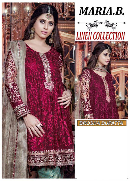 MAROON MARIA B LINEN READY MADE PAKISTANI STYLE SUIT - Asian Party Wear
