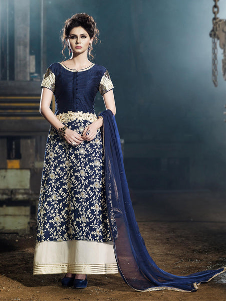 2255 NAVY BLUE HEAVY EMBROIDERED BELA ANARKALI SUIT - Asian Party Wear