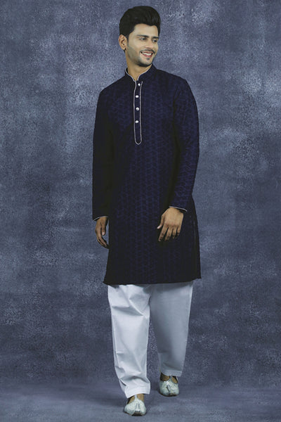 Navy Blue & White Mens Kurta Shalwar Pakistani Designer Menswear - Asian Party Wear
