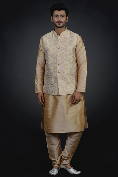 Gold Kurta Pajama Waistcoat Suit Set Indian Mens Wedding Wear - Asian Party Wear