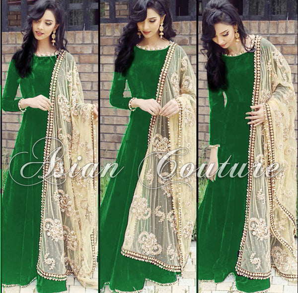 AS-105 GREEN PAYAL SEMI STITCHED ANARKALI SUIT WITH EMBROIDERED DUPATTA - Asian Party Wear