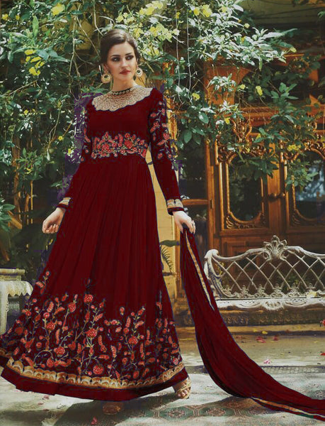 MAROON FLORAL EMBROIDERED EVENING AND WEDDING WEAR GOWN - Asian Party Wear