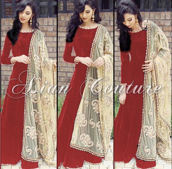 AS-104 RED PAYAL GEORGETTE SEMI STITCHED ANARKALI SUIT WITH EMBROIDERED DUPATTA - Asian Party Wear