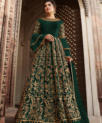 Green Wedding Wear Indian Designer Embroidered Anarkali Gown - Asian Party Wear