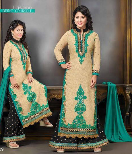 BEIGE AND BLACK STRAIGHT CUT INDIAN PALAZZO SUIT - Asian Party Wear