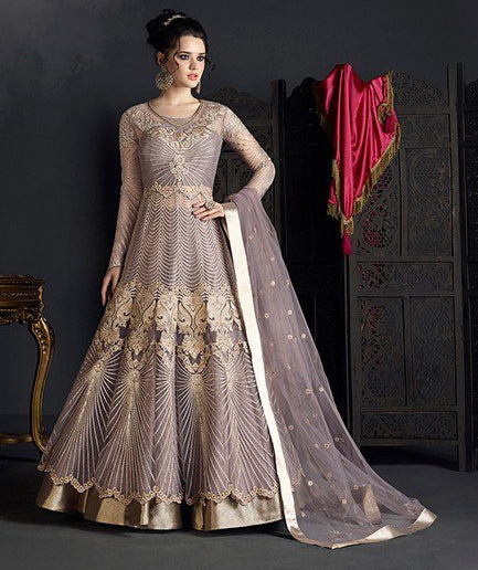 SILVER GREY HEAVY EMBROIDERED INDIAN WEDDING GOWN - Asian Party Wear