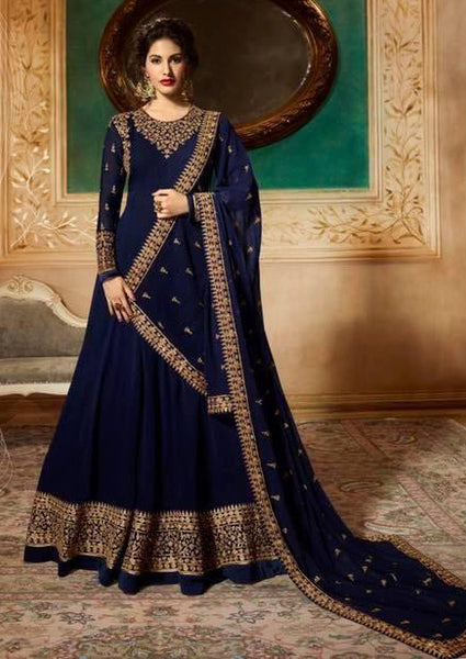Navy Blue Indian Long Party & Mehndi Wear Gown - Asian Party Wear