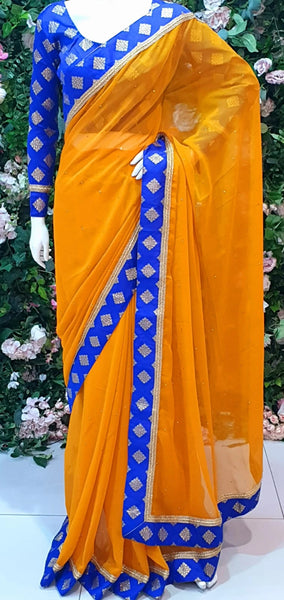 SAFFRON AND CLASSIC BLUE CONTRAST PARTY WEAR SAREE - Asian Party Wear