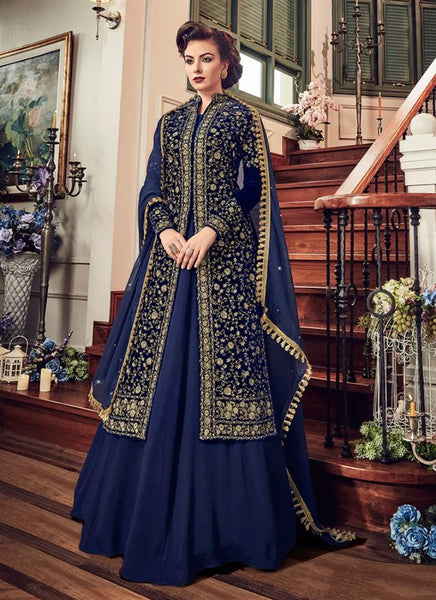 Navy Blue Heavy Embroidered Indian Designer Anarkali Suit - Asian Party Wear