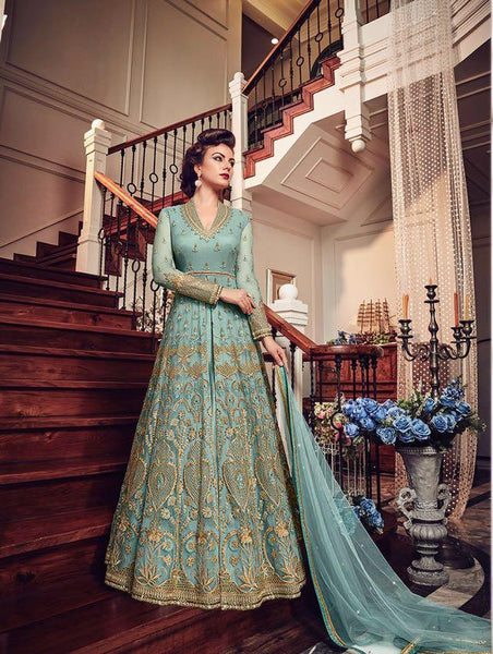 TURQUOISE BLUE HEAVY EMBROIDERED INDIAN WEDDING SLIT STYLE GOWN - Asian Party Wear
