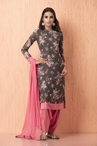 AC-89 GREY AND PINK CHIFFON AND AMERICAN CREPE PRINTED SALWAR KAMEEZ (READY MADE) - Asian Party Wear