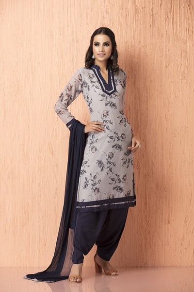 AC-93 ASH GREY COLOR FLORAL PRINTED SALWAR KAMEEZ (READY MADE) - Asian Party Wear