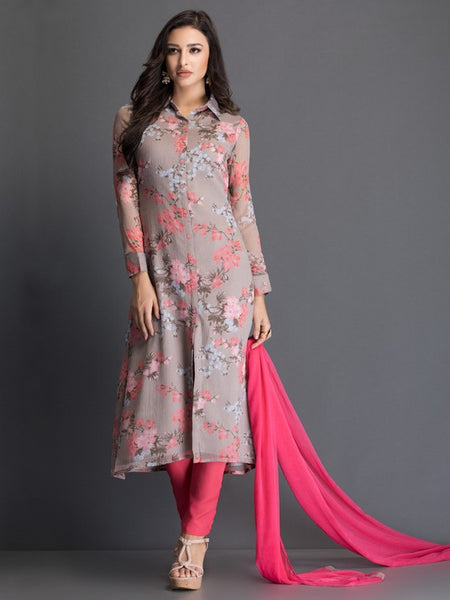 PINK FLORAL PRINTED READY MADE DRESS - Asian Party Wear