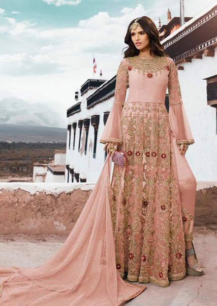 Peach Pink Long Party Dress - Asian Party Wear