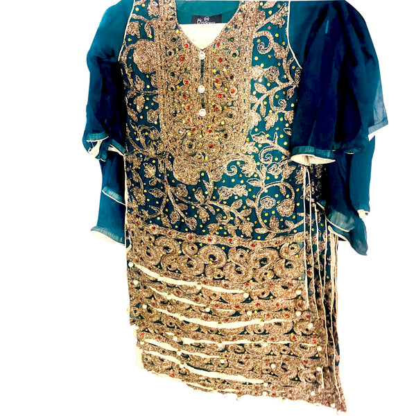 Teal Green Girls Embroidered Chiffon Suit - Asian Party Wear