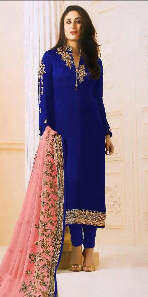 SAILOR BLUE GREEN SATIN GEORGETTE SUIT WITH HEAVY WORK DUPATTA - Asian Party Wear