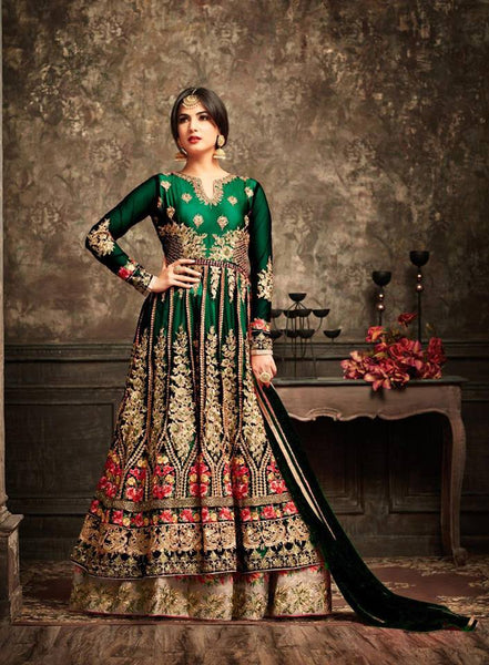 Green and Gold Wedding Wear Bridal Gown Anarkali Indian Long Dress - Asian Party Wear