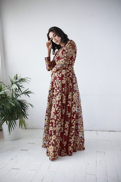 GORGEOUS MAROON HEAVY EMBROIDERED FLOOR LENGTH READY MADE GOWN - Asian Party Wear