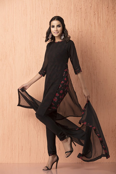AC-116 BLACK GEORGETTE AND CREPE READY MADE CHURIDAR SUIT - Asian Party Wear