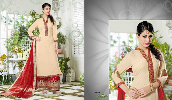 Beige & Red Indian Casual Georgette Salwar Suit - Asian Party Wear