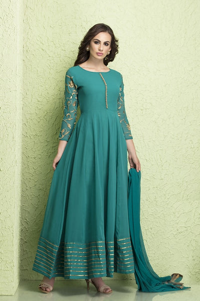 AC-130 TURQUOISE BLUE GEORGETTE MAXI STYLE READY MADE SUIT - Asian Party Wear