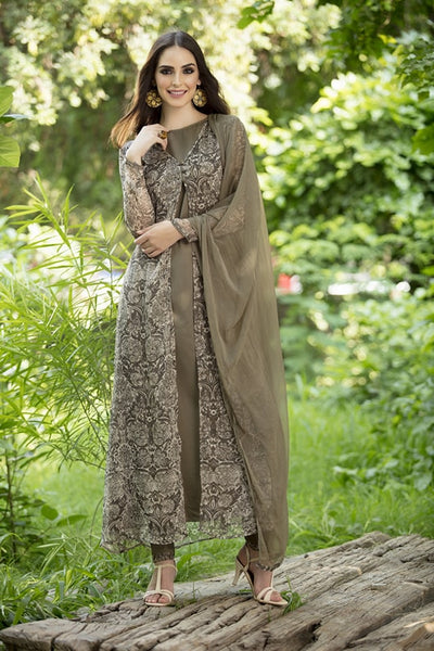 AC-137 OLIVE COLOUR JACKET STYLE READY TO WEAR PARTY WEAR SUIT - Asian Party Wear