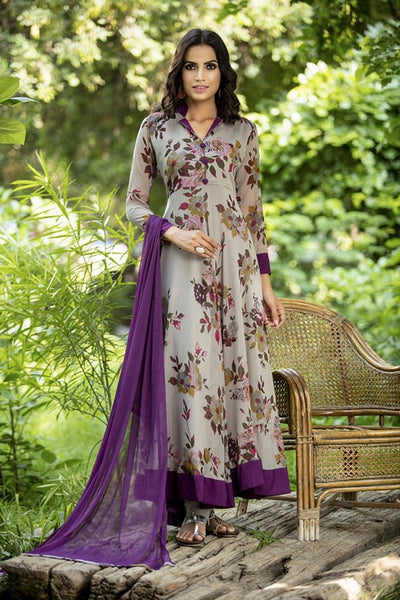 AC-144 GREY AND PURPLE CHIFFON FLORAL PRINTED READY MADE DRESS - Asian Party Wear