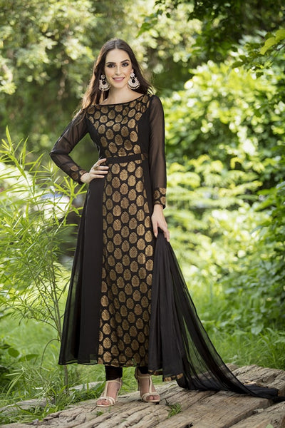AC-146 BLACK GEORGETTE EMBROIDERED READY MADE WEDDING WEAR DRESS - Asian Party Wear