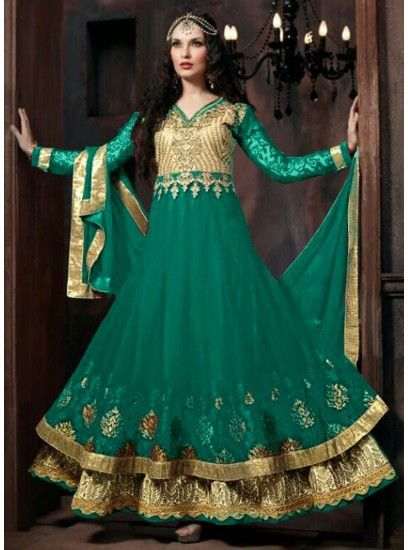 4301-A GREEN "CELEBRITY ISSUE” FLOOR LENGTH EMBROIDERED ANARKALI SUIT - Asian Party Wear