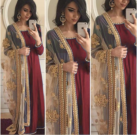 MAROON ANARKALI DRESS WITH EMBROIDERED DUPATTA - Asian Party Wear