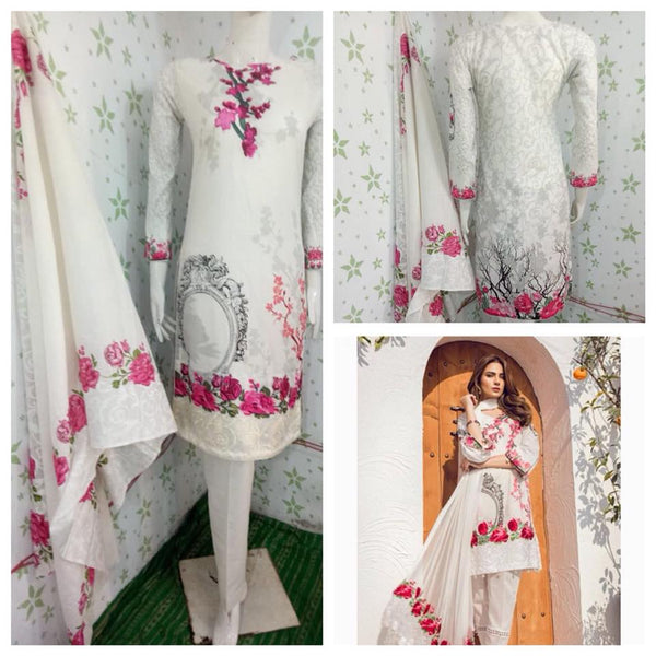 BRILLIANT WHITE PRINTED AND EMBROIDERED PAKISTANI CAPRI STYLE TROUSER SUIT - Asian Party Wear
