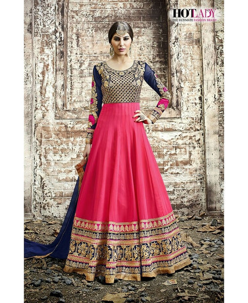 5514 PINK AND NAVY BLUE SAFEENA HOT LADY EMBROIDERED ANARKALI SUIT - Asian Party Wear