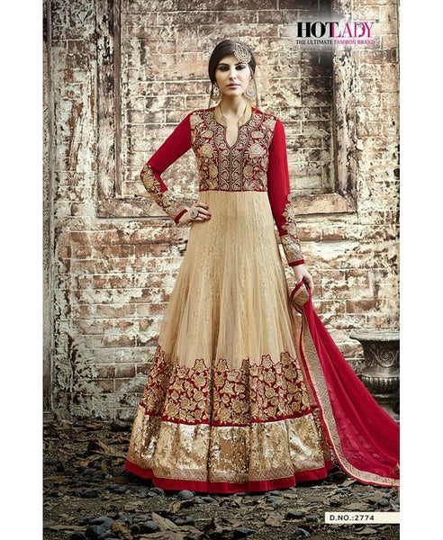 5512 BEIGE AND RED SAFEENA HOT LADY EMBROIDERED ANARKALI SUIT - Asian Party Wear